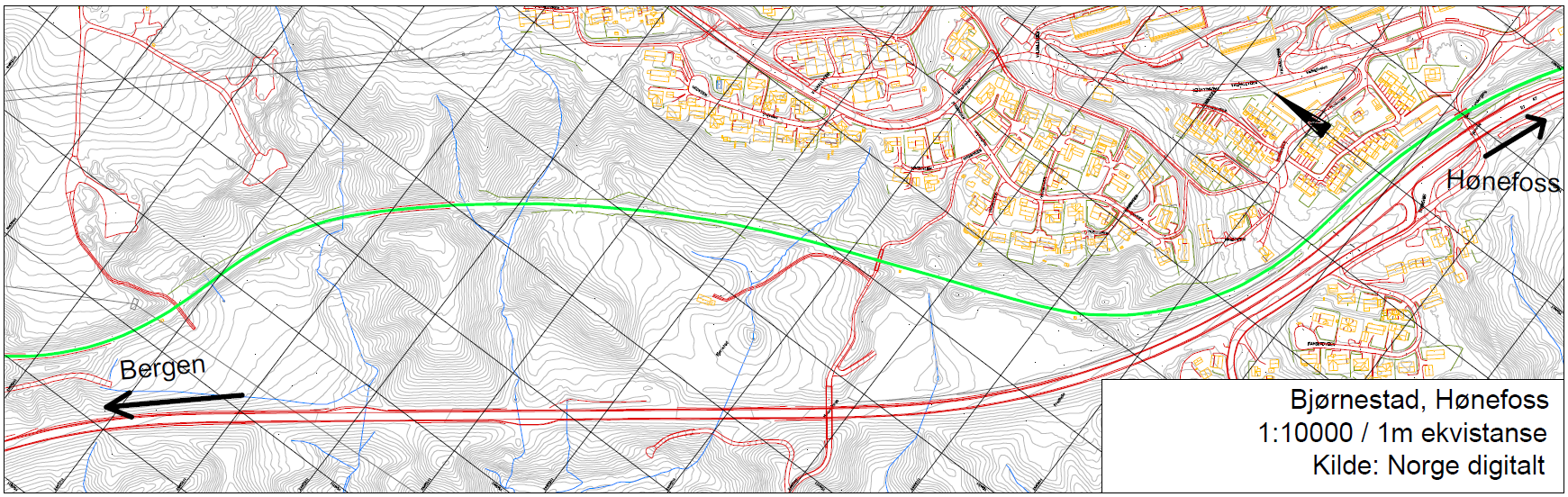 3.7 Alternativ 7 Bjørnestad Området ligger langs Bergensbanen, ca. 3,9 kilometer nordvest for Hønefoss stasjon. Arealet ligger mellom hovedveg og jernbane.