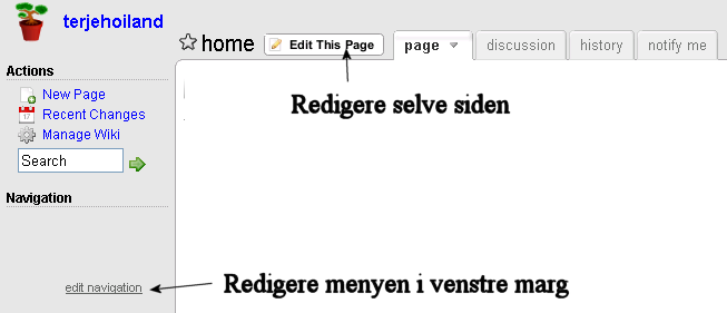 Denne wikien (over) vil få nettadressen http://terjehoiland.wikispaces.com Generell veiledning fra Wiki-redaksjonen: http://www.wikispaces.com/site/tour#introduction [For høyere utdanning (må godta reklame): http://www.