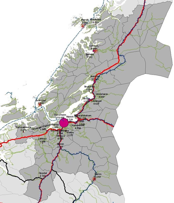Regionale tyngdepunkter: I NIBR-rapporten Regionale tyngdepunkter i Sør-Trøndelag framgår at Orkanger, Hitra/Frøya, Ørland/Bjugn, Oppdal og Røros er/har potensiale for å fungere som selvstendige