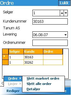 Rediger menyen Fra Rediger menyen kan man velge å slette merket ordre, eller alle ordrer. Ordrene som er lagret på terminalen kan sendes samlet, eller en og en.