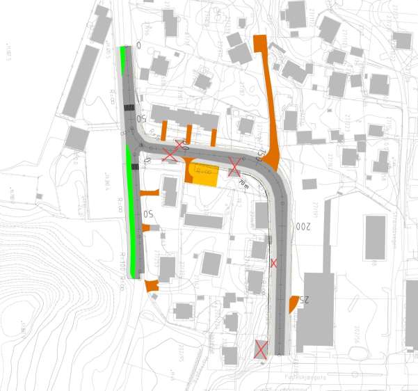 2.1.2 Opprusting av eksisterende veg Opprustet veg sett mot vest Stadionvegen flyttes 10 meter lenger øst og vegen utvides til fullverdig tofelts veg med tosidig fortau.