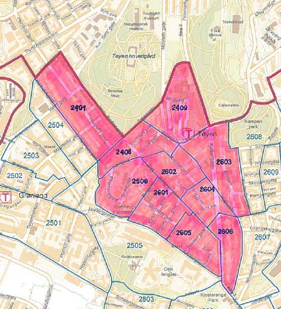 Kartet viser Bydelsdirektørens forslag til avgrensning for Områdeløft Tøyens kjerneområde Hovedtyngden av prosjektene i Områdeløft Tøyen bør foregå i kjerneområdet, men det bør også være mulig å