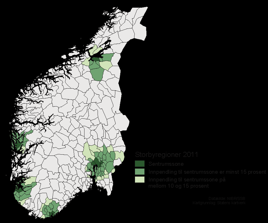 Byregionene vokser mest En ny avgrensning (2011) av de fem største storbyregionene i Norge (Oslo-, Kristiansand-, Stavanger-, Bergen- og Trondheimregionen) medfører at disse regionene