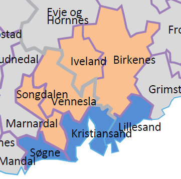 Innlandskommunen: Songdalen, Iveland, Vennesla, Birkenes Tjenester Samlet innlandskommune gir mulighet for styrket tjenestetilbud Samfunnsutvikling Å samle flere kommuner med «innlandsutfordringer»