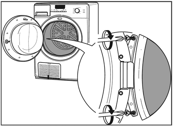 DØROMHENGSLING For enkelthets skyld: Dersom du ønsker å stable tørketrommelen oppå en vaskemaskin, kan du hengsle om døren for å få dørhåndtaket lengre ned. A A. Koble tørketrommelen fra strømnettet.