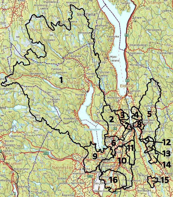 Figur 1. Oversiktskart som viser de enkelte delfelter som avlastningsbehovene er beregnet for. Kartet er uttegnet av Bioforsk i forbindelse med kilderegnskap for landbruk og naturlige kilde.