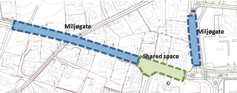 Rådmannen har vurdert miljøgate som en løsning på barrierevirkningene som kan skapes mellom sentrumsområdene.