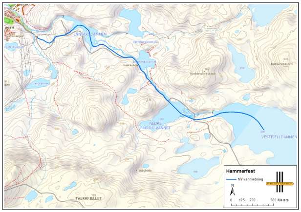 1. Trase ny vannledning Trasé for ny vannledning går fra inntaket i Vestfjelldammen til dagens vannbehandlingsanlegg ved Tunnelbakken.