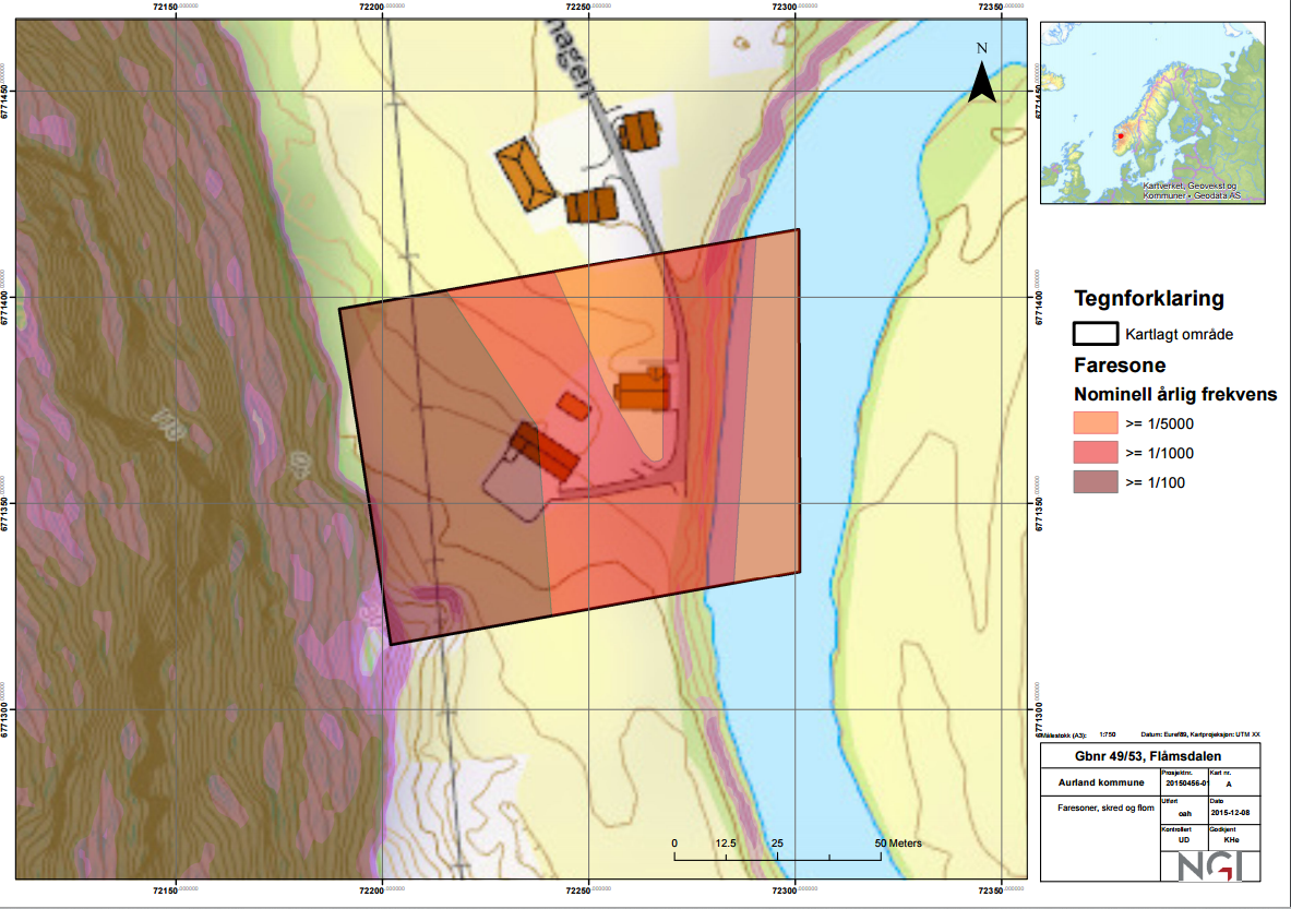 Figur 4 Syner vurdert område og faregrenser for Gnr/Bnr 49/53 Figur 4 syner vurdert område og faregrenser med nominell årleg sannsyn 1/100, 1/1000 og 1/5000.