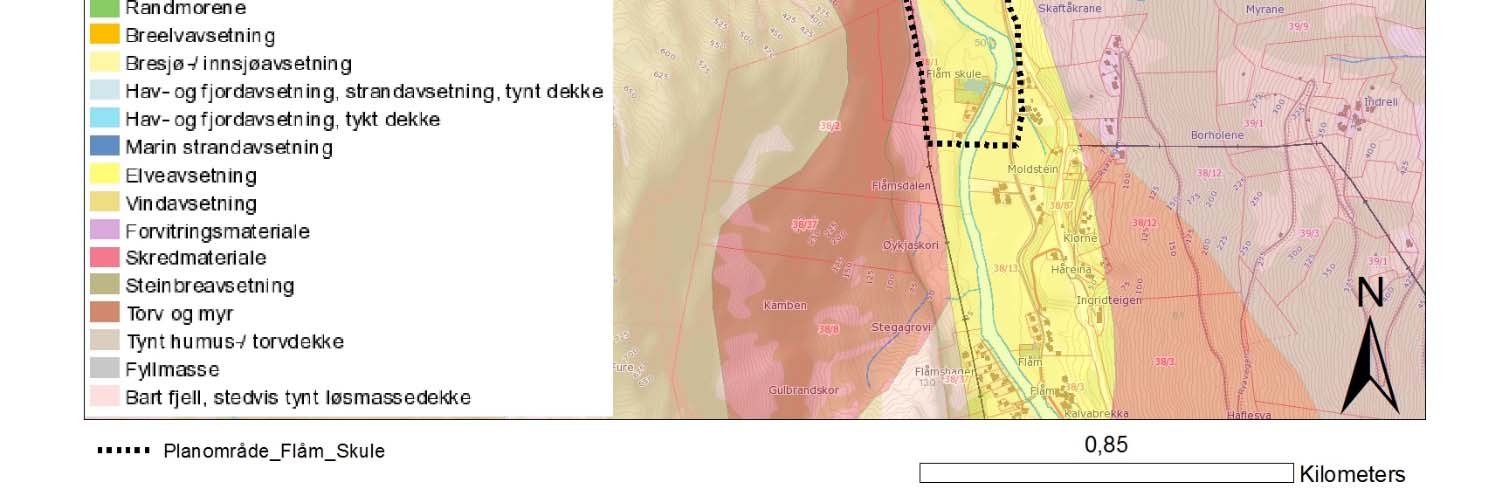 Ut frå kartdata henta frå www.geo.ngu.no ser ein at store deler av planområdet, frå Flåm skule til Brekkehagen ligg på lausmassar beståande av breelv og elveavsetningar.