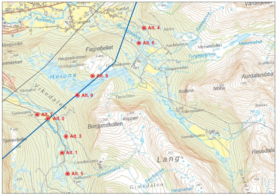 September 2011: Figur 1. Kart som viser alle vurderte lokaliteter for ny 420 kv transformatorstasjon i Sykkylven. NVE ba i brev av 16.