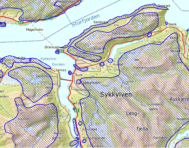 September 2011: Figur 15. Friluftsområder i Sykkylven. Lokalisering av alt. Heiane stasjon er vist med rød sirkel.