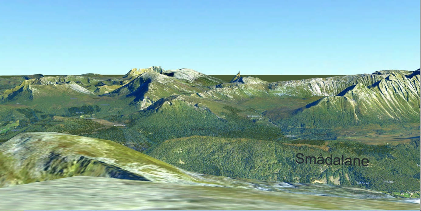 September 2011 Figur 16. VR modell. Utsyn fra fremkanten av Borgundkollen sett mot NV. Fritidsboliger: Det finnes klynger av fritidsboliger i Vikedalens sørlige ende; ved Gimsdalssætra og Hindaholen.