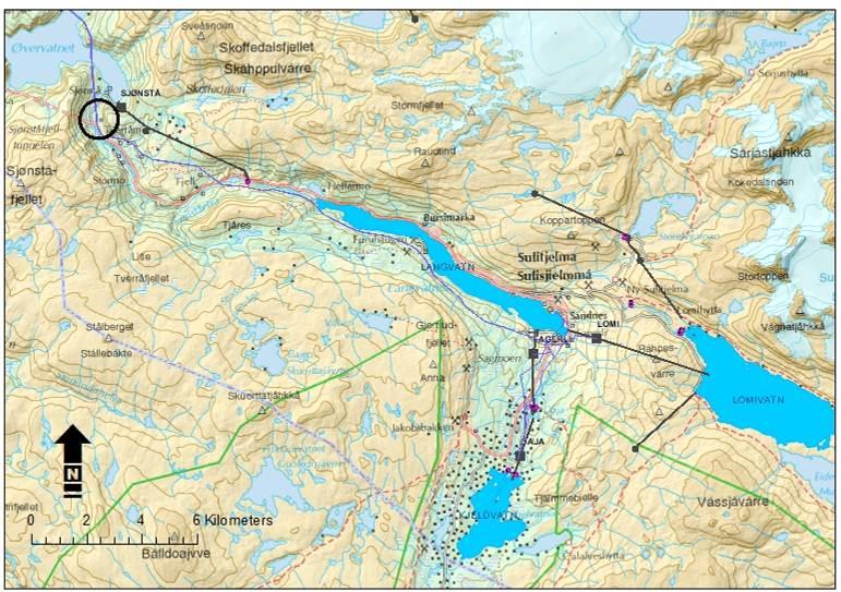 Figur 2: Nærliggende og eksisterende kraftanlegg. Sjønståfossen er markert med sirkel. 1.