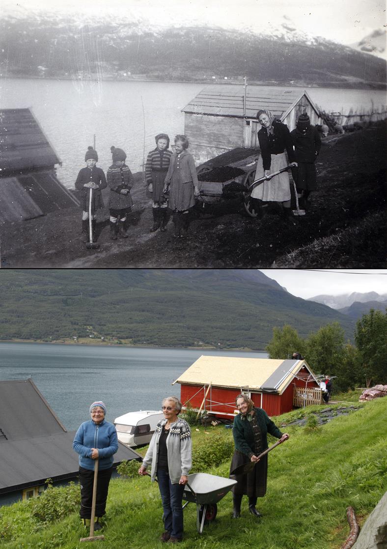 Refotografering med smil og latter 1956. Møkkbanking i Bukta. Innerskardalen. Kåfjord kom., Troms. Foto: Emma Skogmom (privat).