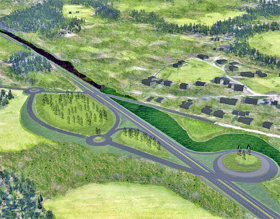 Videre går vegen over det nordre jordet på Aslaksrud, før den svinger mot øst, og krysser under fv.241 på samme sted som alternativ 1. Krysset ved Kleggerud for alternativ 1 og 2, sett fra nordøst.