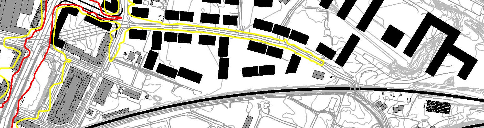 N Figur 7 Vegtrafikkstøy alternativ B; restriktiv turproduksjon år 2015 For framtidig utbygging østover i planområdet: planlagte boliger, som ligger nærmest langs Stjørdalsveiens forlengelse innover