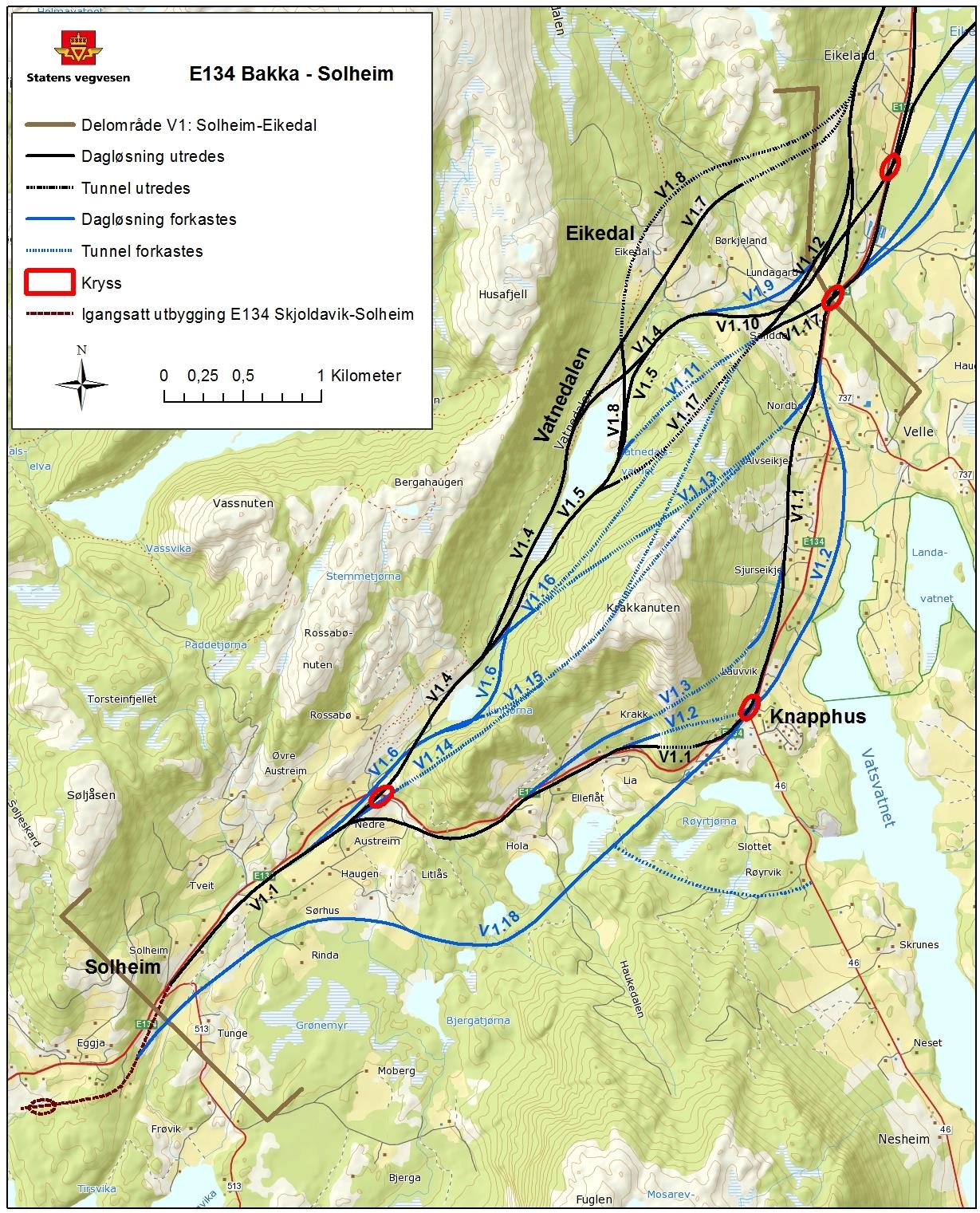 3. VINDAFJORD KOMMUNE 3.1 Delområde V1, Solheim - Eikedalen 3.1.1 Konklusjon etter første siling I delområdet er det identifisert 18 ulike alternativer og varianter, se figur 3.1. Alternativ V1.1, V1.