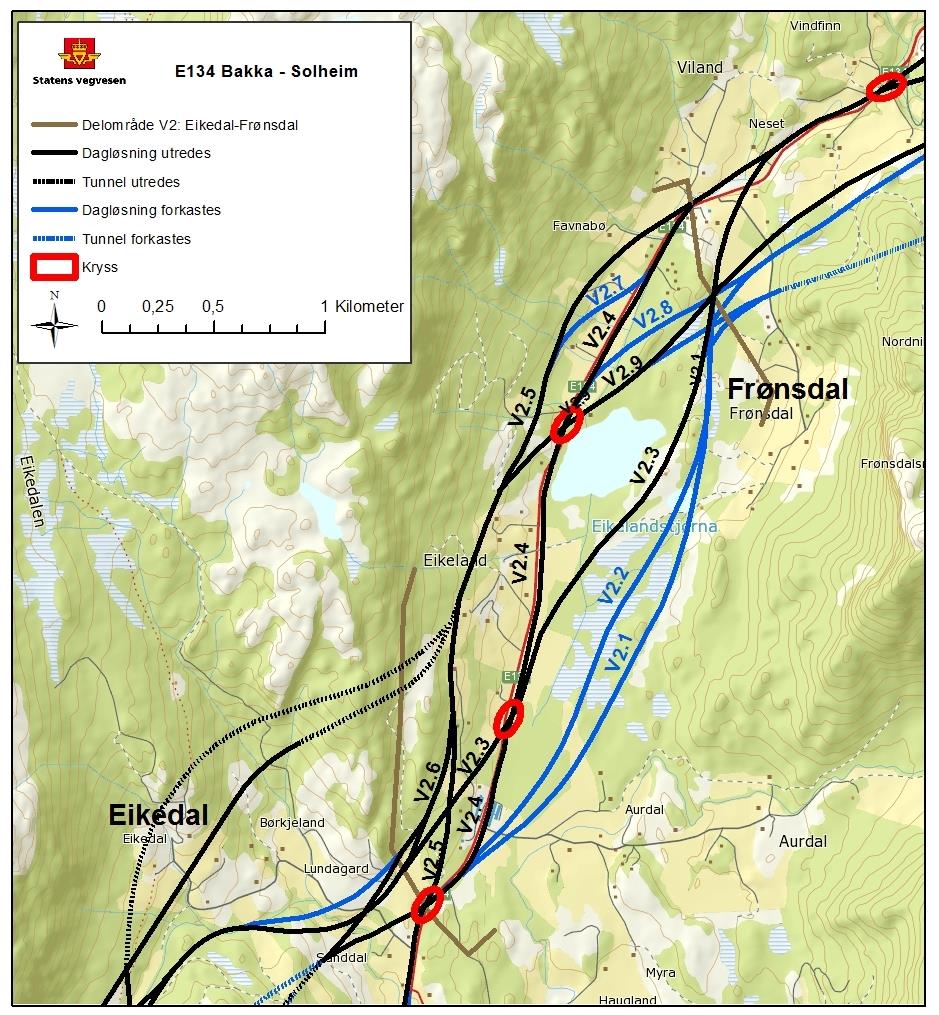 3.2 Delområde V2, Eikedalen - Frønsdal 3.2.1 Konklusjon etter første siling I delområdet er det identifisert 9 ulike alternativer, se figur 3.3. Alternativ V2.1, V2.3, V2.4, V2.