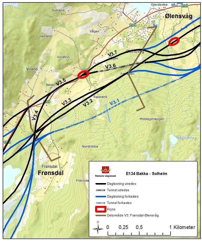 Fig. 3.5 Vurderte alternativer i delområde V3 Frønsdal- Ølensvåg Alternativer som forkastes i delområde V3: V3.