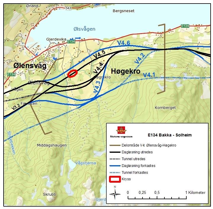 3.4 Delområde V4, Ølensvåg - Høgekro 3.4.1 Konklusjon etter første siling I delområdet er det identifisert 6 ulike hovedalternativer, og det er ennå flere om alle kombinasjonsmuligheter regnes med.