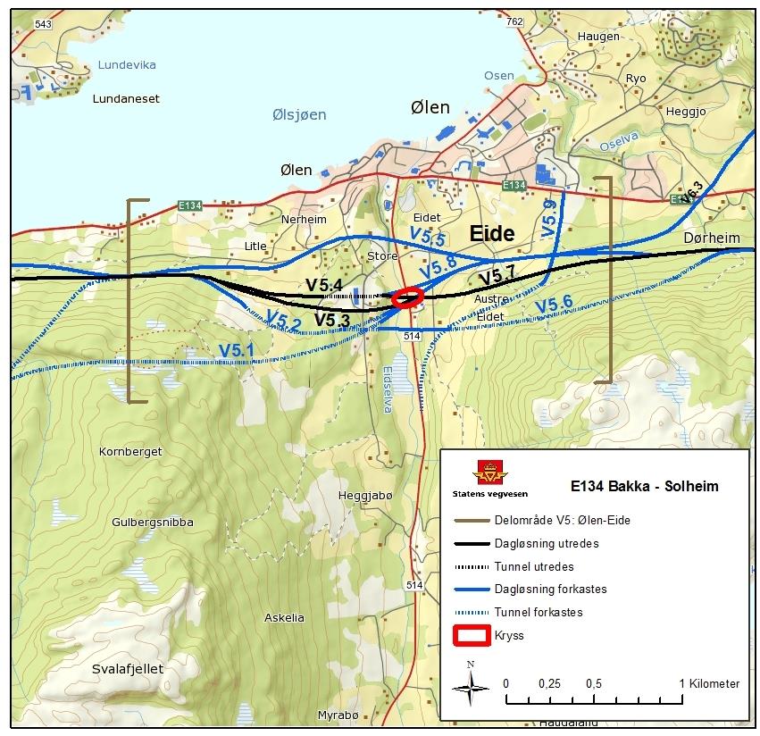 3.5 Delområde V5, Ølen/Eide 3.5.1 Konklusjon etter første siling I delområdet er det identifisert 9 ulike alternativer / varianter, se figur 3.9. Felles for alle løsningene er at det skal etableres to-plankryss med tilknytning til fv.