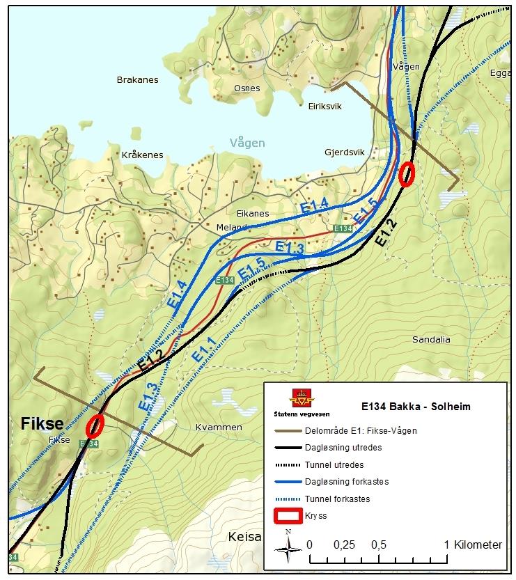 4. ETNE KOMMUNE 4.1 Delområde E1 Fikse - Vågen 4.1.1 Konklusjon etter første siling I delområdet er det identifisert 5 ulike alternativer / varianter, se figur 4.1 Alternativ E1.