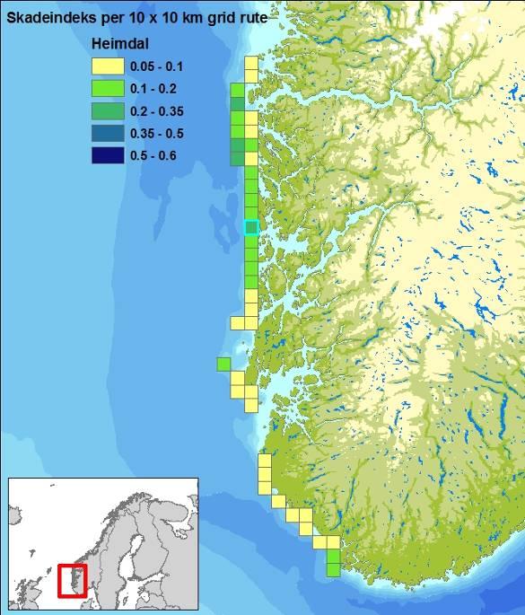 Sannsynlighet DET NORSKE VERITAS 10 9 8 7 Figur 6-52 Figuren til venstre viser en skadeindeks som viser økende grad av skade i de berørte kystrutene (10x10 km), gitt en overflateutblåsning fra