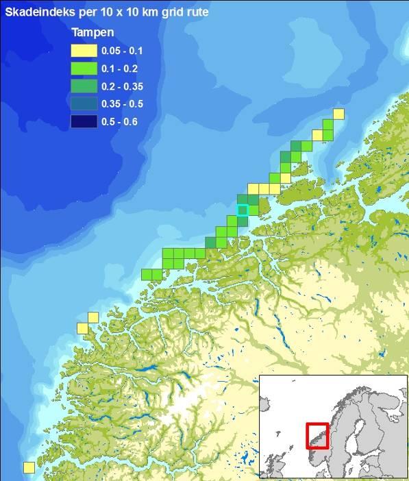 Sannsynlighet DET NORSKE VERITAS 10 9 8 7 Figur 6-56 Figuren til venstre viser en skadeindeks som viser økende grad av skade i de berørte kystrutene (10 10 km), gitt en overflateutblåsning fra Tampen.