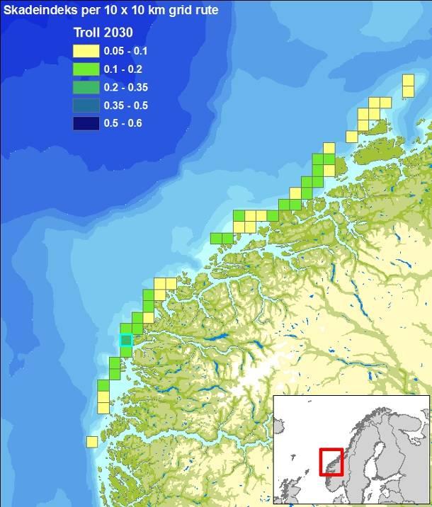 Sannsynlighet DET NORSKE VERITAS 10 9 8 7 Figur 6-59 Figuren til venstre viser en skadeindeks som viser økende grad av skade i de berørte kystrutene (10 10 km), gitt en overflateutblåsning fra Troll.