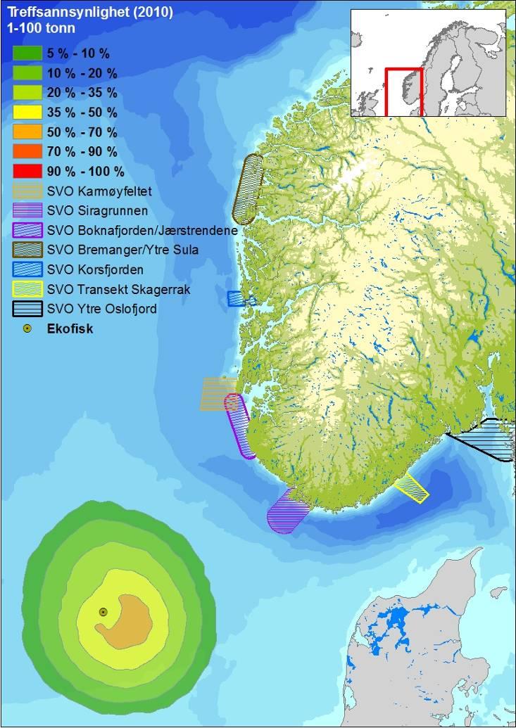 8.4 Overlapp mellom Ekofisk og SVO for sjøfugl, sjøpattedyr og kystlandskap Overlappsanalysen for diverse SVO definert på bakgrunn av viktighet for sjøfugl, sjøpattedyr og verdifulle landskapsområder