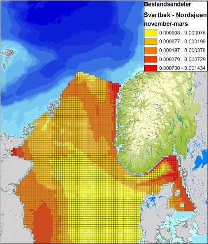 Figur 4-17 Fordeling av svartbak (Larus marinus) i Nordsjøen, i sommer (april-juli), høst (august-november) og vintersesongen (november-mars), basert på modellerte data (SEAPOP/Per Fauchald, 2011). 4.2 Sjøpattedyr Selartene steinkobbe og havert er primært tilknyttet de helt kystnære områdene langs norskekysten.