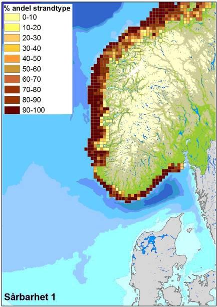 Figur 4-27 Andel (%) av strandtype med sårbarhet 1, 2 eller 3 (3 indikerer høyest sårbarhet, og 1 indikerer lavest sårbarhet) per 10x10 km rute langs kysten av Norge (DNV, 2006). 4.4 Fisk De dominerende fiskeartene i de frie vannmassene i Nordsjøen er sild og brisling, som befinner seg i regionen hele året.