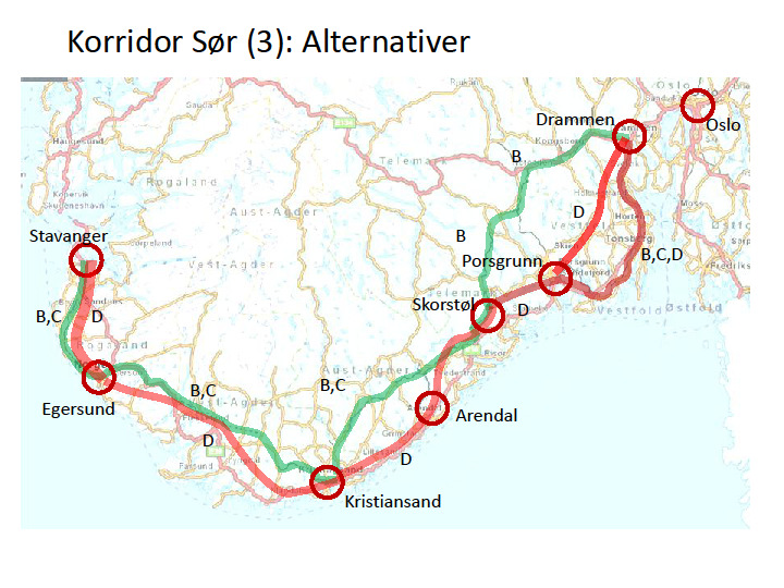 4.2.2 Alternativer for korridor sør (3) Oslo Kristiansand - Stavanger Korridor Sør består av forbindelsen mellom Oslo og Kristiansand/ Stavanger.