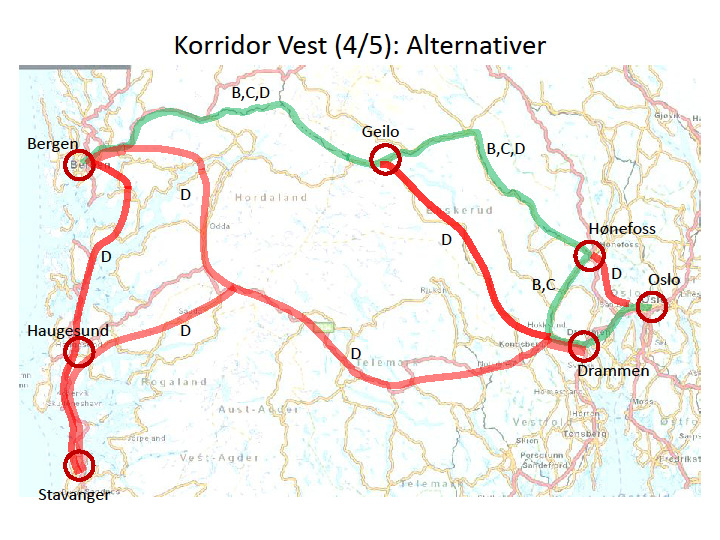4.2.3 Alternativer for korridor Vest (4/5) Bergen-Stavanger/ Oslo- Bergen Denne korridoren består av forbindelse mellom Oslo og Bergen etter tre hovedalternativer; via Hallingdal som i dag, via