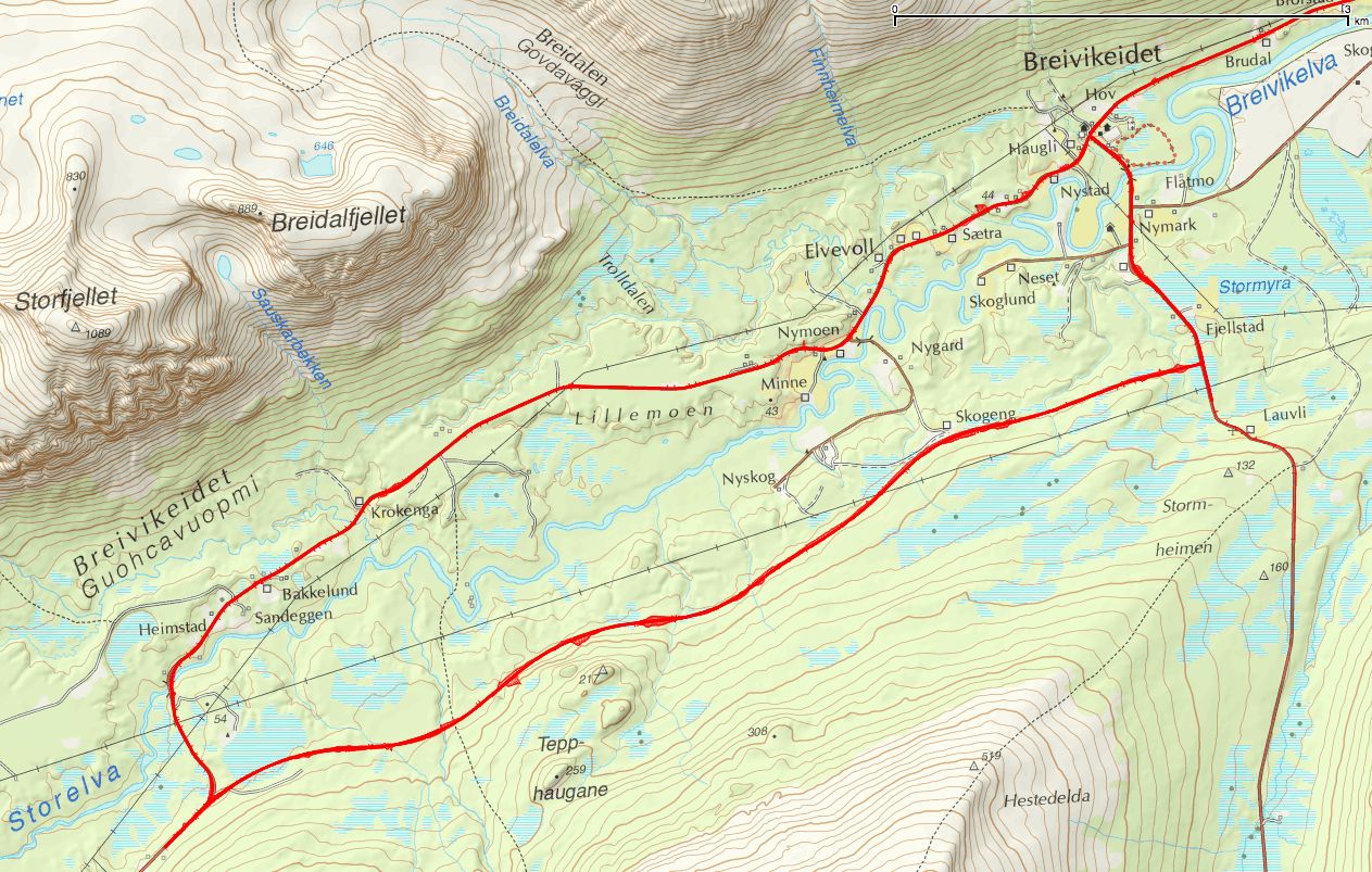 2 BESKRIVELSE AV ALTERNATIVENE Alternativ 1 Alternativ 2 Figur 1. Det er to alternative traseer for ny riksvei 91. Alternativ 1 er det nordlige, og går langs dagens vei.