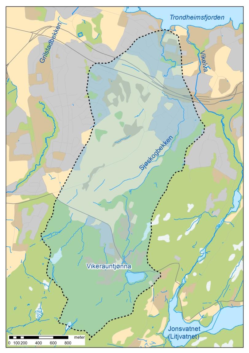 2 Områdebeskrivelse og historiske faunaopplysninger 2.1 Beliggenhet og karaktertrekk Vikerauntjønna (184 m o.h.) ligger nordvest for Jonsvatnet i Trondheim kommune og har et areal på 3,7 ha og et maksimalt dyp på 16 m (Nøst m.