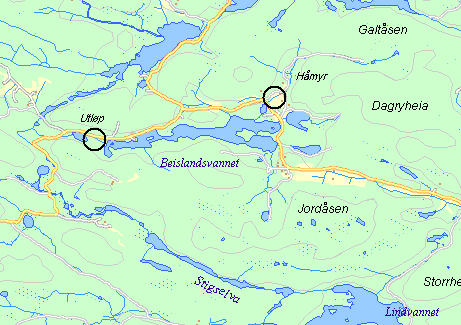 Beislandsvatn, fiskeundersøkelser Beislandsvatn, beskrivelse Vassdrag 020.1Z NVE-nr 11028 UTM 461752 6468168 Hoh 180 m Areal 0,30 km² (0,06 km² i Birkenes og 0,24 km² i Grimstad) Figur 16.