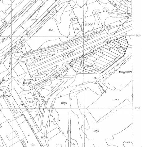 Figur 8. I kartskissen er gnr/bnr 122/22 (naboeiendom til Teglverkstomta 122/1) skravert. Området ble leid ut til NCC Construction fra 22.8.1999-31.10.2012.