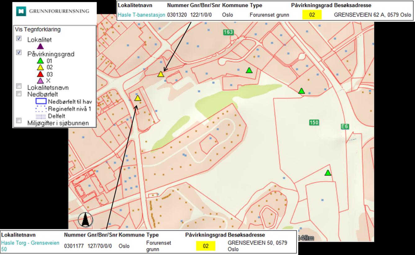 Figur 10. Utdrag fra Miljødirektoratets database over grunnforurensning. Det er registrert forurensning med påvirkningsgrad 2 i to områder nært Teglverkstomta.