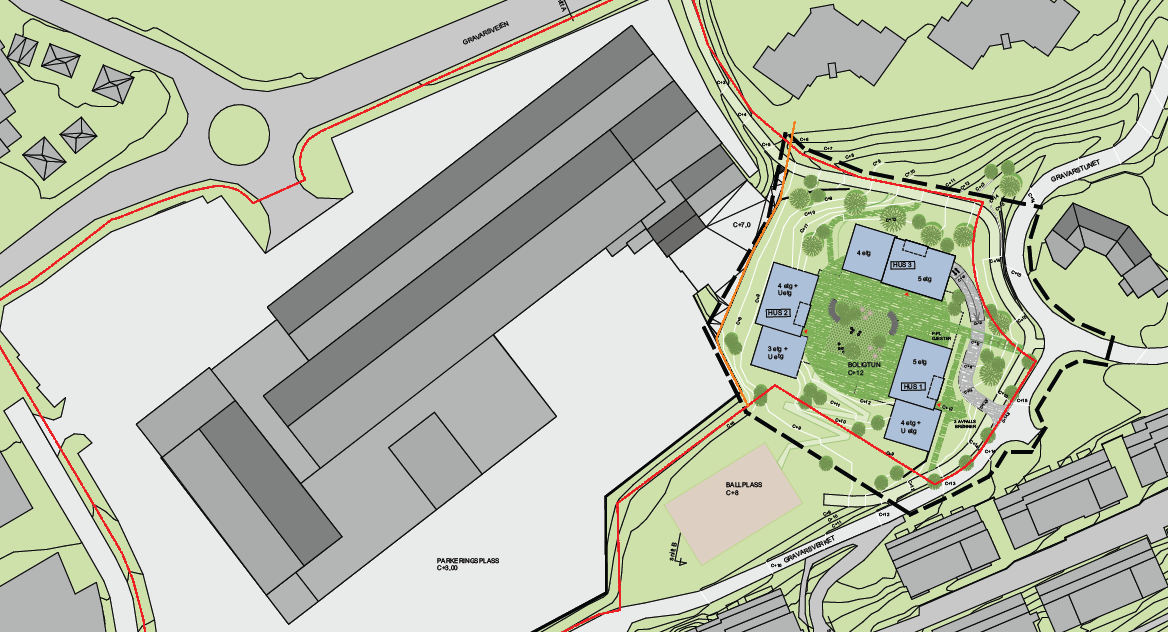 Side 5 3 Gjeldende planer 3.1 Nye bygg Gjeldende planer utarbeidet av Meinich Arkitekter viser leilighetsbebyggelse ved tre blokker (hus 1,2 og 3) i 3-5 etasjer.