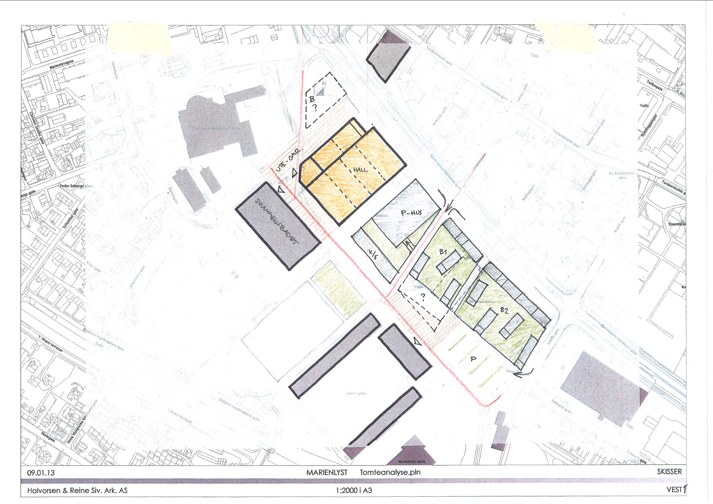 Bymessig sammenheng Mulighet for å legge inngang og stimleplass foran hallen i direkte tilknytning til et fremtidig Marienlyst torg (i forlengelse av en parallellforskyvet Byakse fra Strømsø torg).