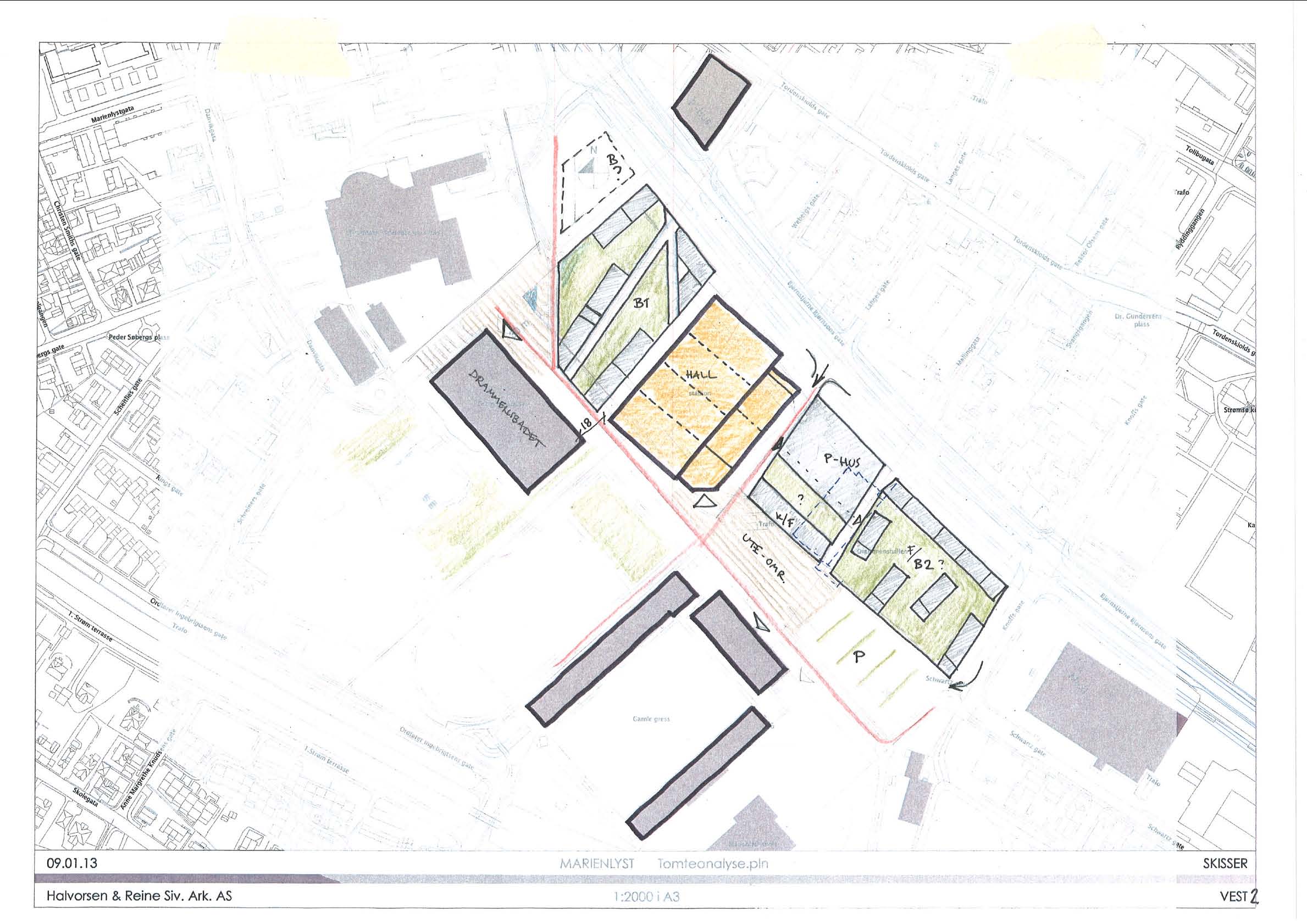 Bymessig sammenheng Mulighet for å legge inngang og stimleplass foran hallen i direkte tilknytning til idrettsaksen, snudd alternativt mot vest eller øst. Hallen vil ikke blokkere for den ev.