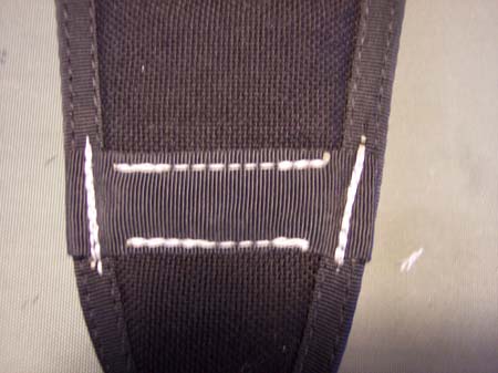 6. Sew the Type 3 tape sideways onto the mid-flap, excluding the binding tape. (sewing done with white thread for instructional purposes) 7.