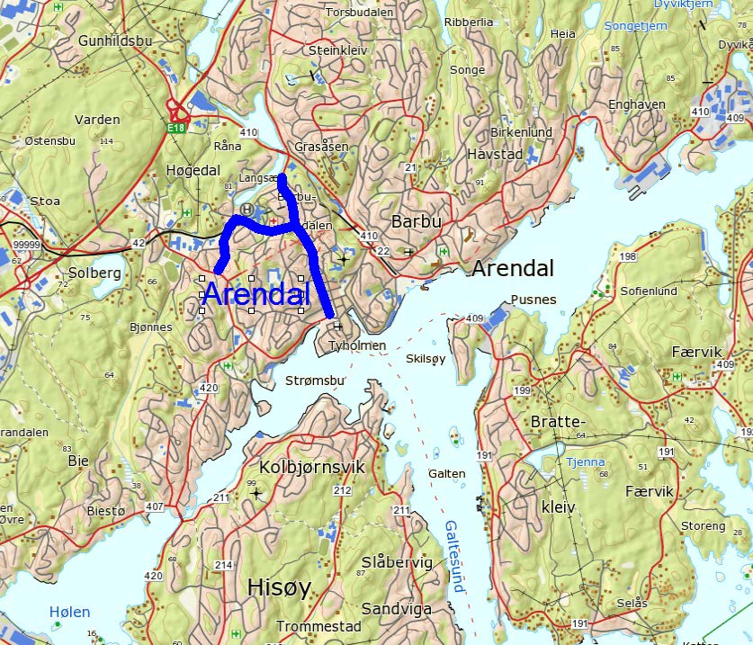 Tiltak nr. 15 GS i sentrumsområde Arendal, Arendal kommune Beskrivelse av situasjonen: Fv.420, hp02, km 1,2 km 2,4. Funksjonsklasse: B, ÅDT: 9500. Lengde:1,2 km.