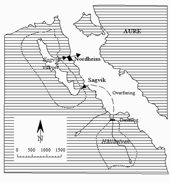 Figur 7. Anlegget overfører vann fra nabovassdraget Hållåelven til Sagvikvatnet. Til venstre vises prinsippskisse for overføringen (fra Johnsen m. fl. 2001).