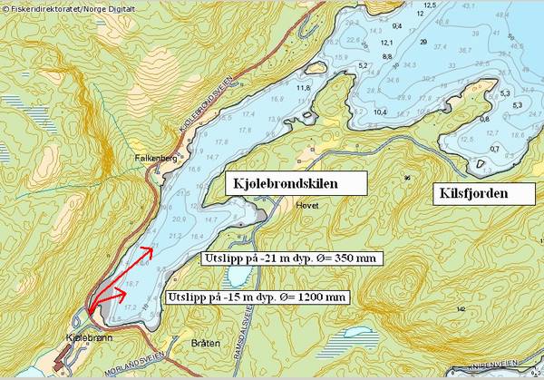 Figur 7. Bunntopografien i sjøområdet utenfor settefiskanlegget ved Kjølebrøndskilen. Omtrentlig plassering av de to avløpene er plassert på kartet.