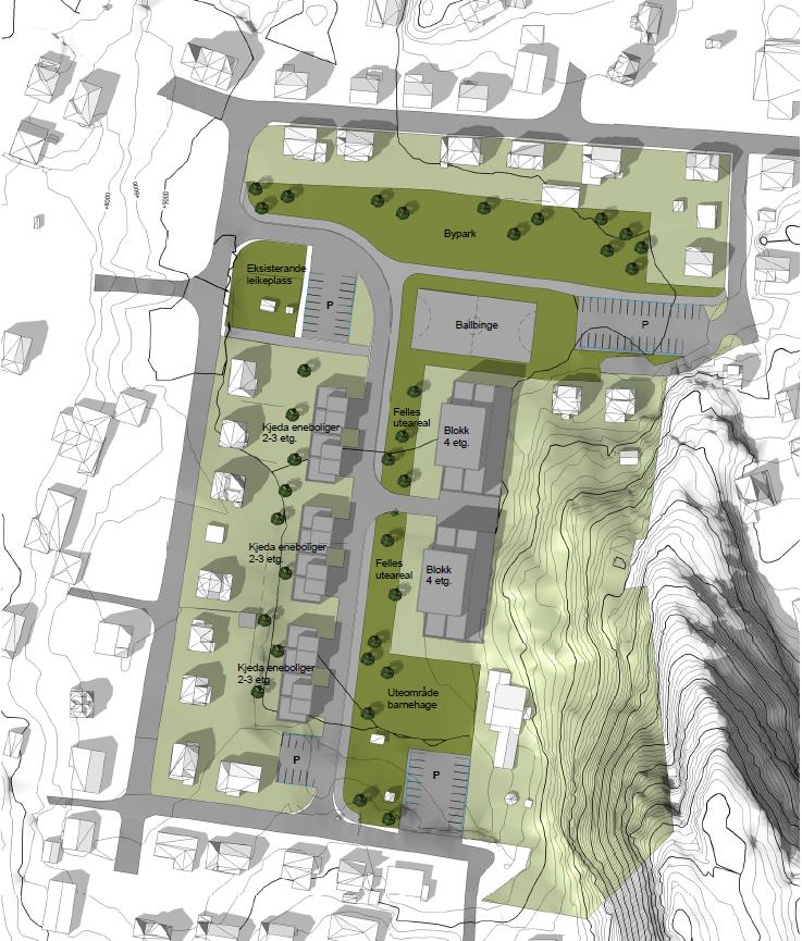 6.3 Bebyggelsens plassering og utforming Bebyggelsen innafor BB plasserast i forhold til den nye gatestrukturen og areal for felles uteopphald, med ei byggegrense på 20 m frå midtlinje veg.