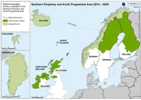 Nordlig periferi og Arktis Innsatsområder Innovasjon Næringsliv Fornybar energi Kultur og naturarv Programområde Finansiering Generelt tilbys 50 % til