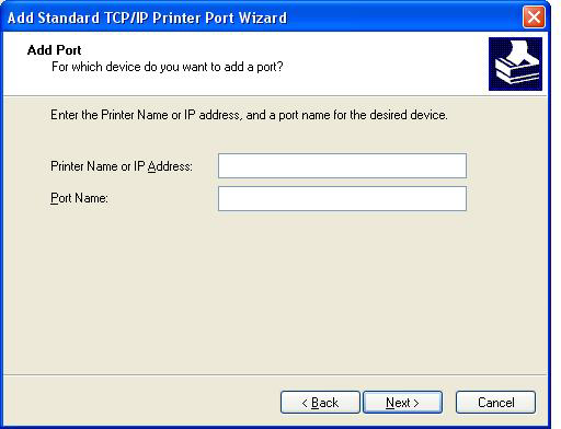 11. Under Legg til port skriver du inn navnet på MFP-skriverenheten eller IP-adressen i tekstboksen Skrivernavn eller IP-adresse, og deretter klikker du på Neste.